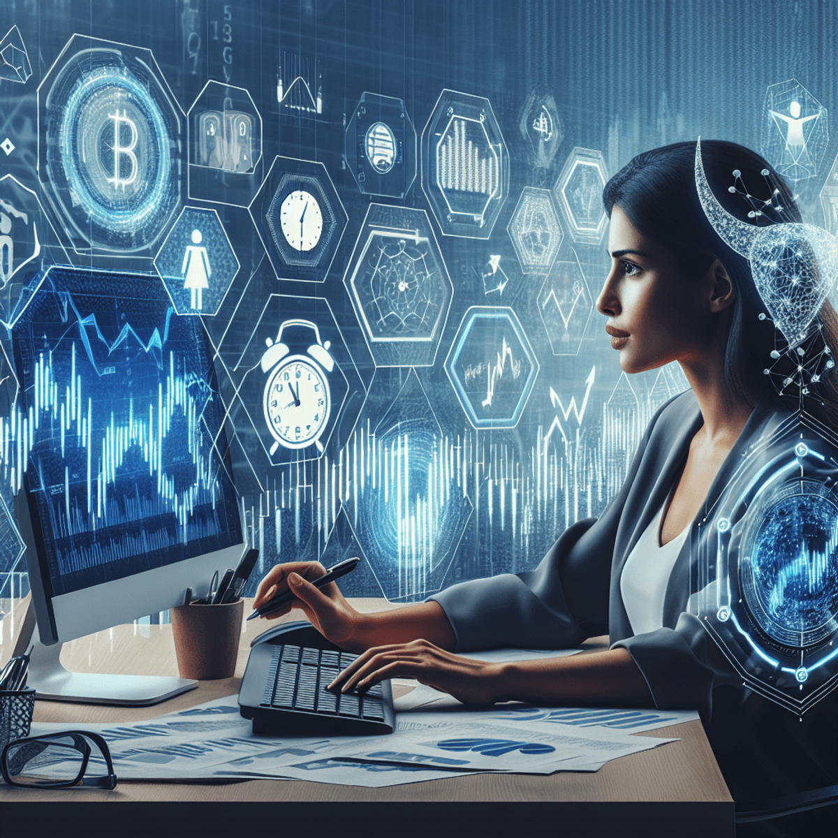 A Hispanic female financial analyst focused on her computer screen, surrounded by complex visual representations of charts and graphs indicating stock market trends. The workspace includes a ticking clock symbolizing time and a sturdy shield representing protection against market volatility.