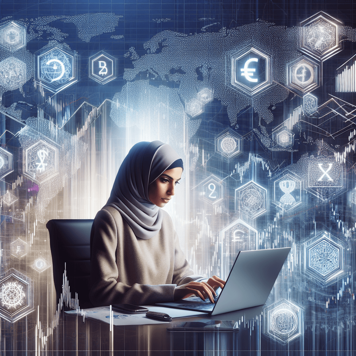 A Middle-Eastern female in professional attire, focused on her laptop, surrounded by abstract financial elements like candlestick charts, currency symbols, and fluctuating graphs that create a dynamic market analysis environment.