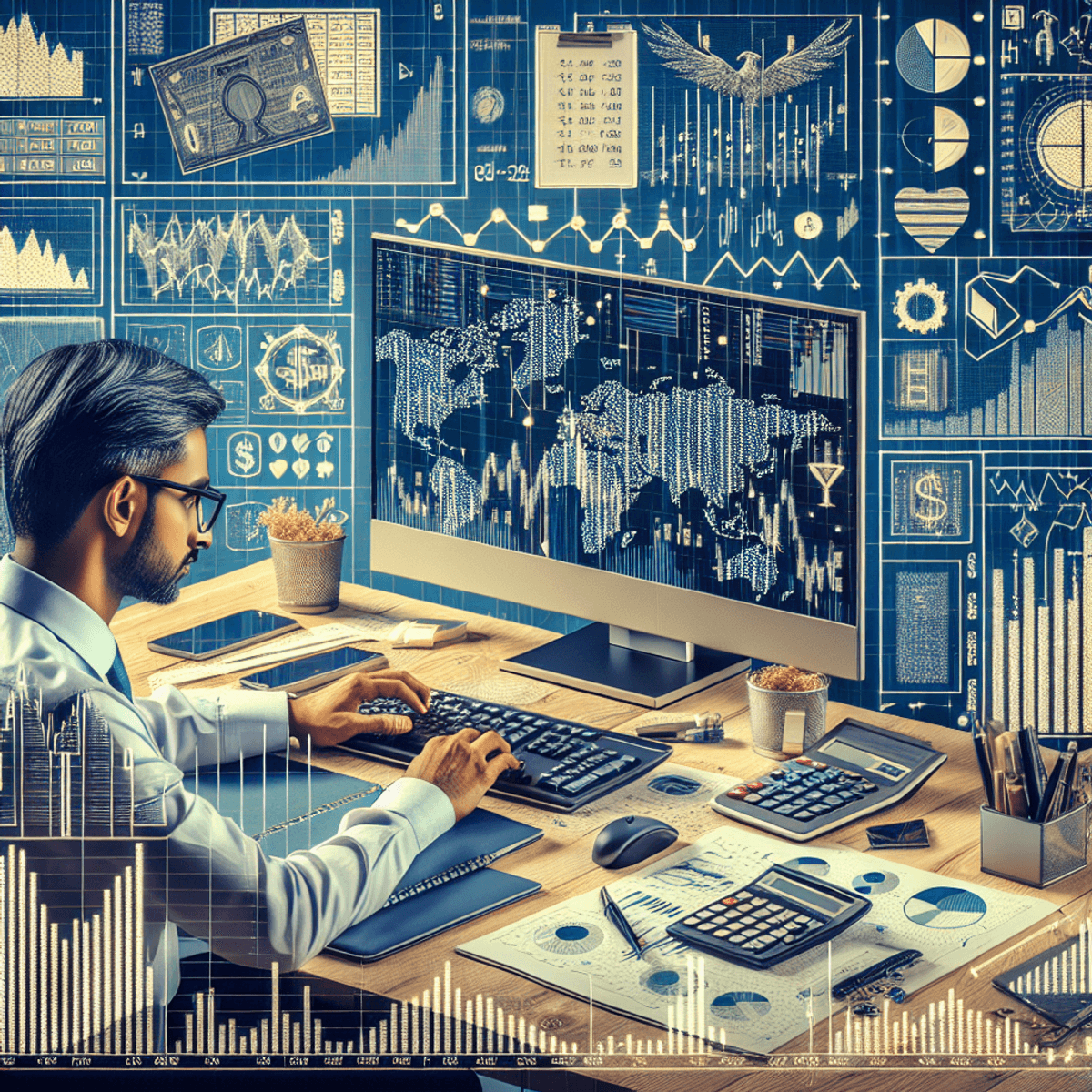 A South Asian male finance analyst sits at a cluttered workstation, surrounded by spreadsheets and graphs that create a vibrant trading atmosphere. His focused expression reflects the intensity of his work as he analyzes complex stock market trends on a digital computer screen filled with intricate charts and diagrams specifically related to ETFs. The desk is scattered with accessories including a calculator, notebooks filled with handwritten notes, and high-tech data analysis tools. Visual symbols representing the calculation of beta for stocks and ETFs, such as upward and downward arrows, line graphs, and mathematical formulas, are subtly integrated into the scene. The overall ambiance exudes realism, capturing the dynamic environment of a finance professional's daily life.