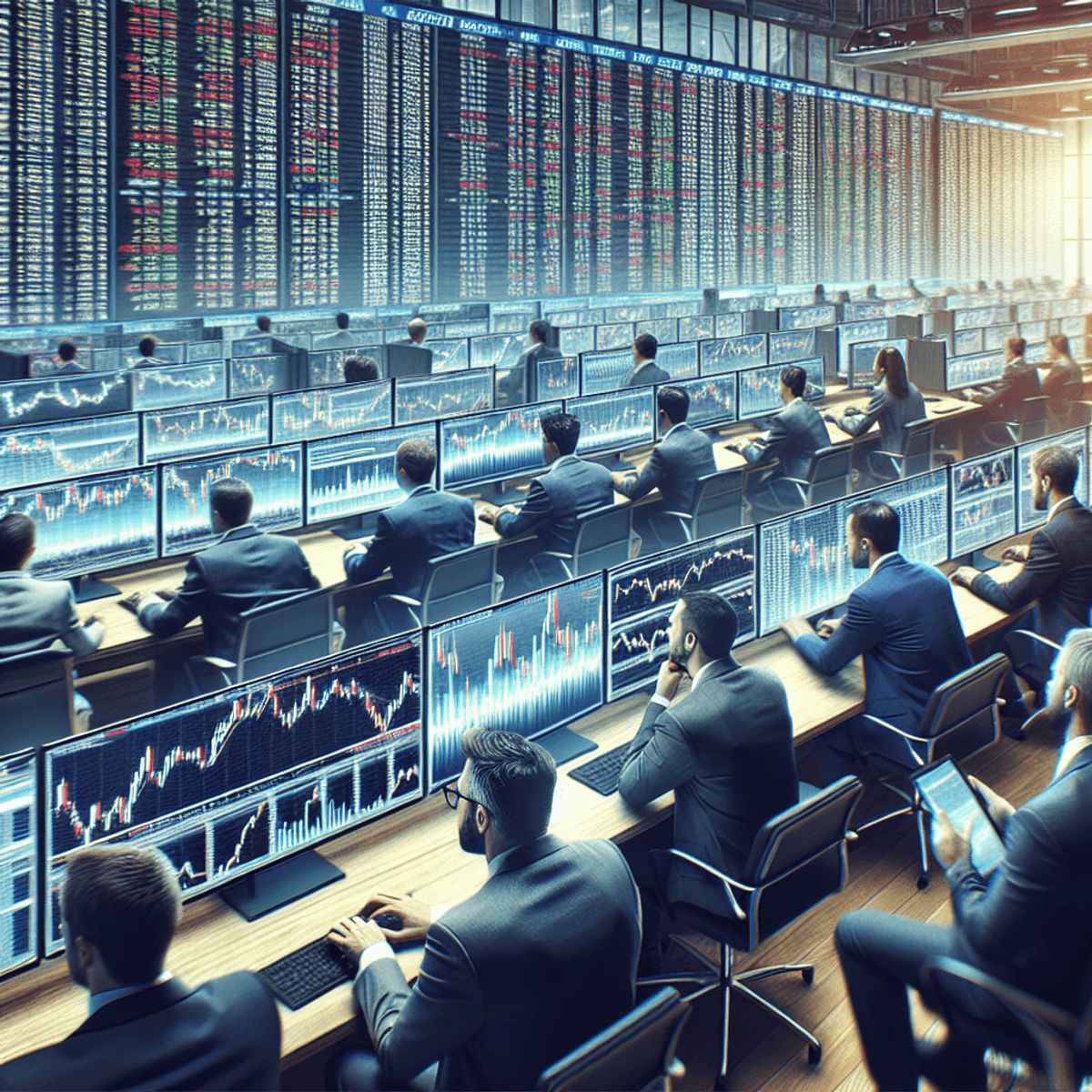 A busy stock market trading floor filled with diverse traders intensely focused on their multiple screens. The scene showcases a mix of Caucasian, Hispanic, Black, Middle-Eastern, and South Asian individuals, all engaged in the fast-paced environment of high-frequency trading. The screens display vibrant stock charts and price movement graphics, featuring various graphical symbols and trends without any legible text. The atmosphere conveys a sense of urgency and efficiency typical of modern finance.