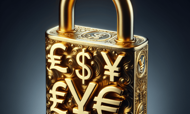 A close-up image of a luxurious gold padlock, intricately designed with the symbols of global currency instead of the standard design.