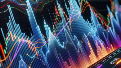 A close-up view of a stock market graph with rapid fluctuations and a significant surge in trading volume.