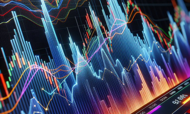 A close-up view of a stock market graph with rapid fluctuations and a significant surge in trading volume.