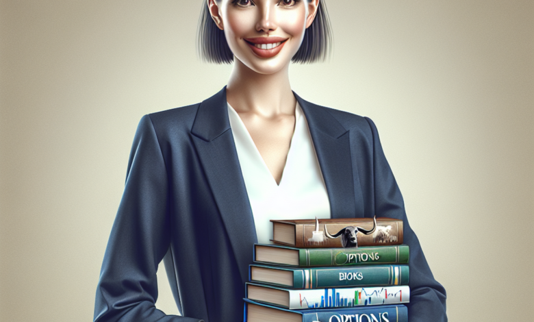 A confident businesswoman holding a stack of financial books.