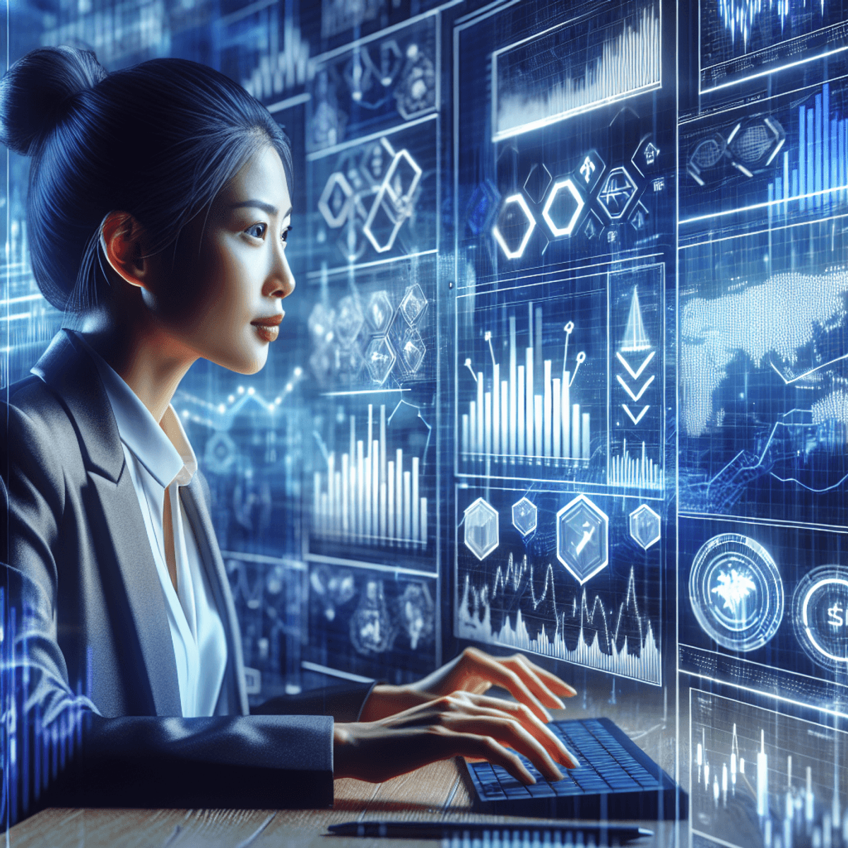 A confident female trader intently analyzes vibrant digital financial charts on her computer screen, surrounded by visual representations of various financial graphs and indicators. The environment conveys a sense of strategic planning in a low-volatility market, with colorful symbols and patterns illustrating stability and growth, while the trader's focused expression reflects her expertise and determination.