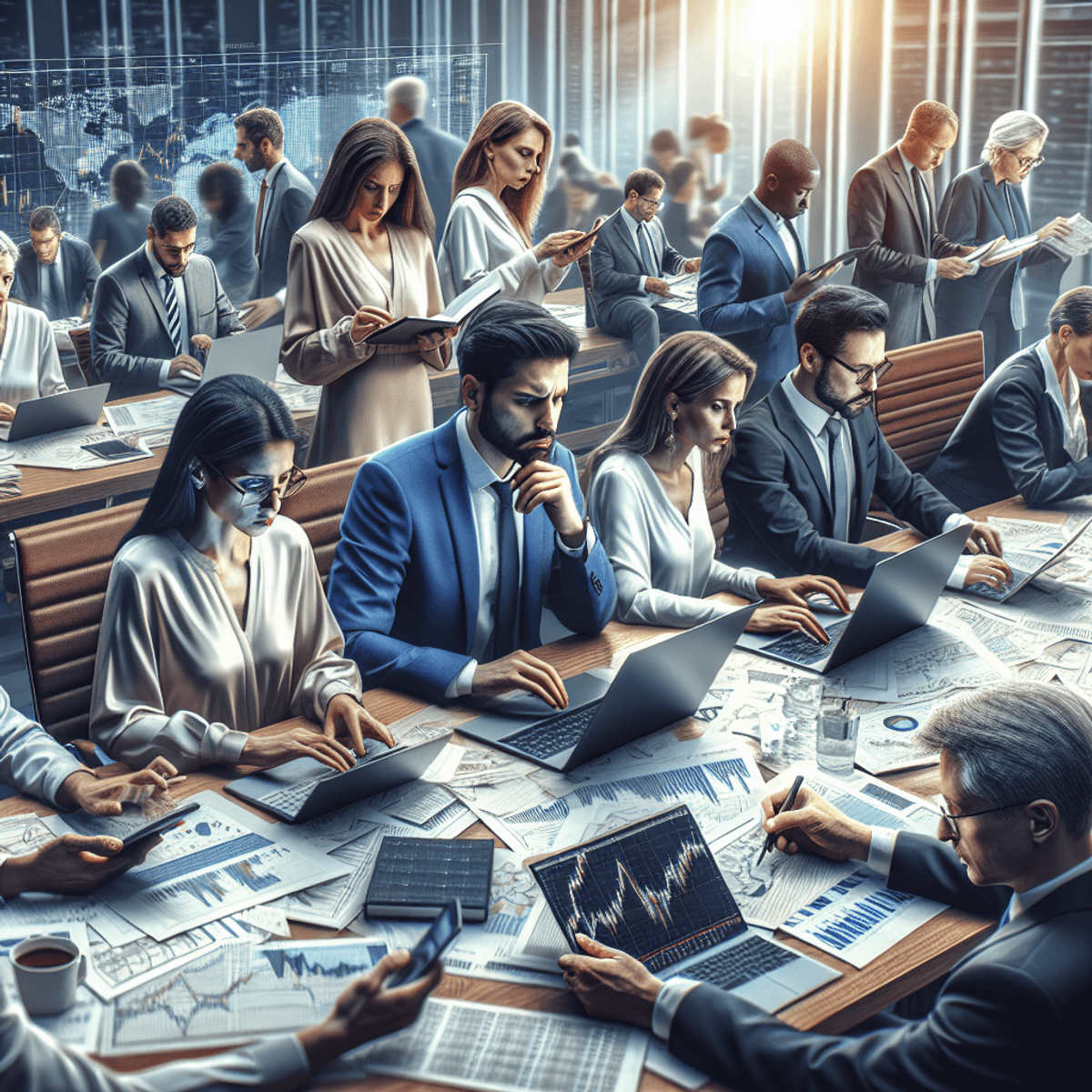 A diverse group of financial professionals in a conference room, including a Caucasian female economist focused on her laptop, a Middle-Eastern male analyst examining charts on his device, a Hispanic female risk manager reviewing documents on the table, and a Black male trader analyzing trading strategies. The atmosphere is one of intense collaboration, with engaged expressions and animated gestures, reflecting the unspoken language of finance and market analysis.