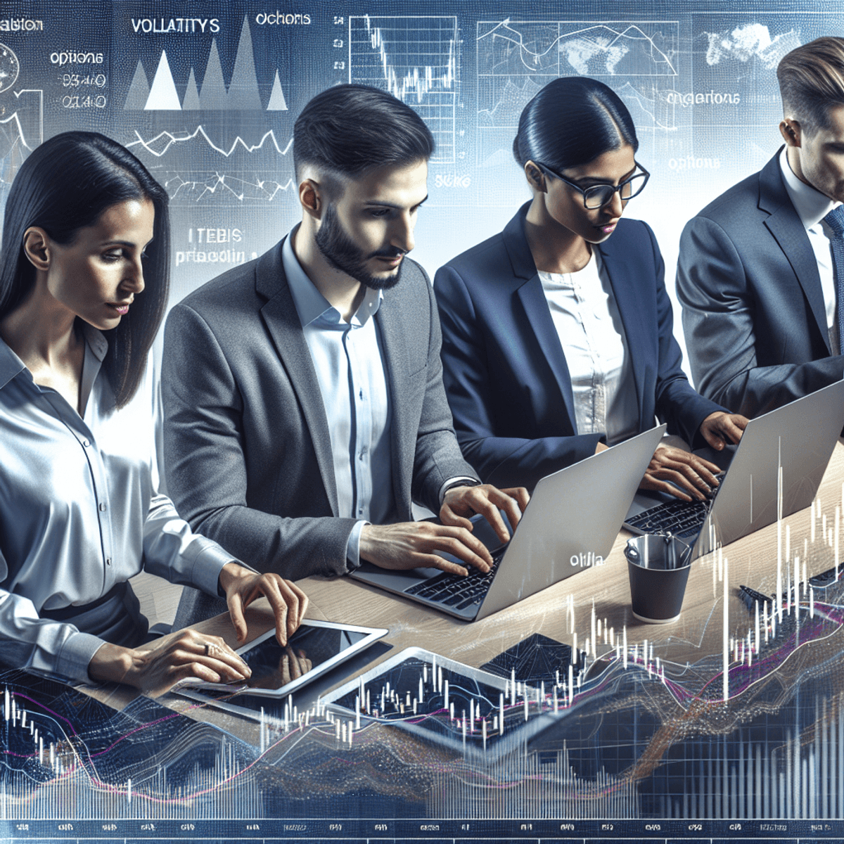 A diverse group of four professionals, including a Hispanic woman, a South Asian man, a Black woman, and a Middle-Eastern man, are focused on their laptops and tablets as they analyze stock market data. In the background, various graphs and charts illustrating volatility skew and options pricing are visible, enhancing the collaborative atmosphere of their work.