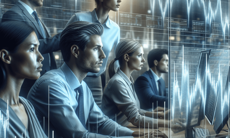 A diverse group of options traders, are gathered in a modern trading room. They are intently focused on multiple screens displaying charts and graphs