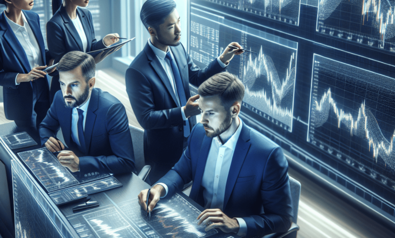 A diverse group of skilled options traders, gathered around digital screens displaying stock charts in a modern trading room. They are engaged in an e