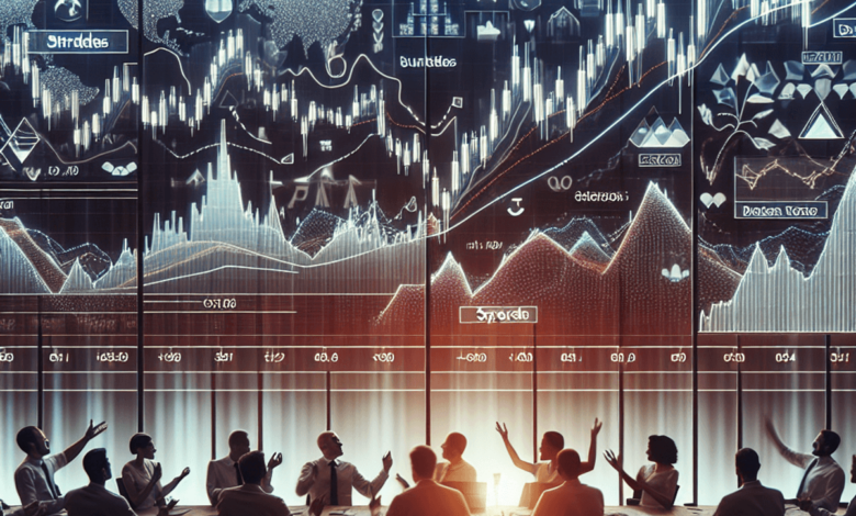 A diverse group of traders, animatedly discussing near a large screen displaying complex financial charts and various options strategies. The screen f