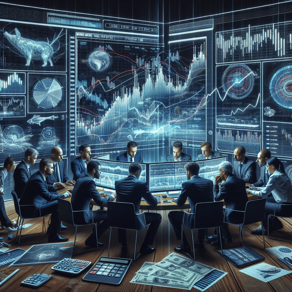 A diverse group of traders, including Caucasian and Hispanic individuals, intensely collaborating around a high-tech digital display filled with complex financial charts and graphs representing volatility skew. The traders are deeply focused on the screen, with calculators and detailed charts scattered around them, creating an atmosphere of teamwork and concentration in a trading environment.