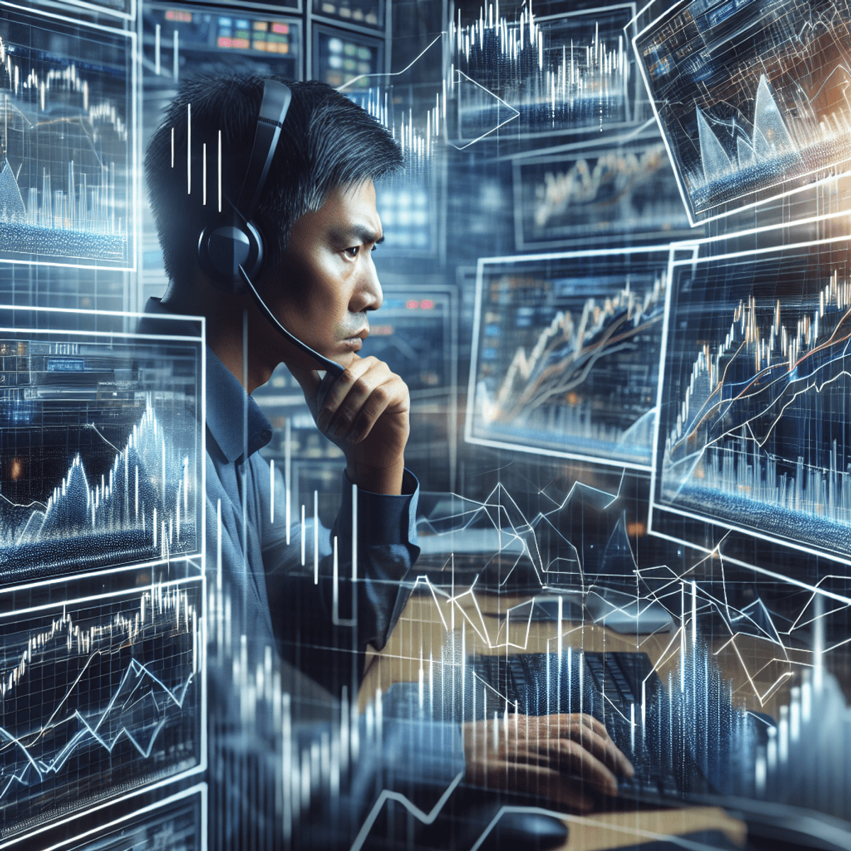 A focused trader analyzes stock charts on multiple digital screens displaying abstract symbols like upward and downward arrows, along with fluctuating line graphs, in a modern trading environment filled with indicators of high market volatility.