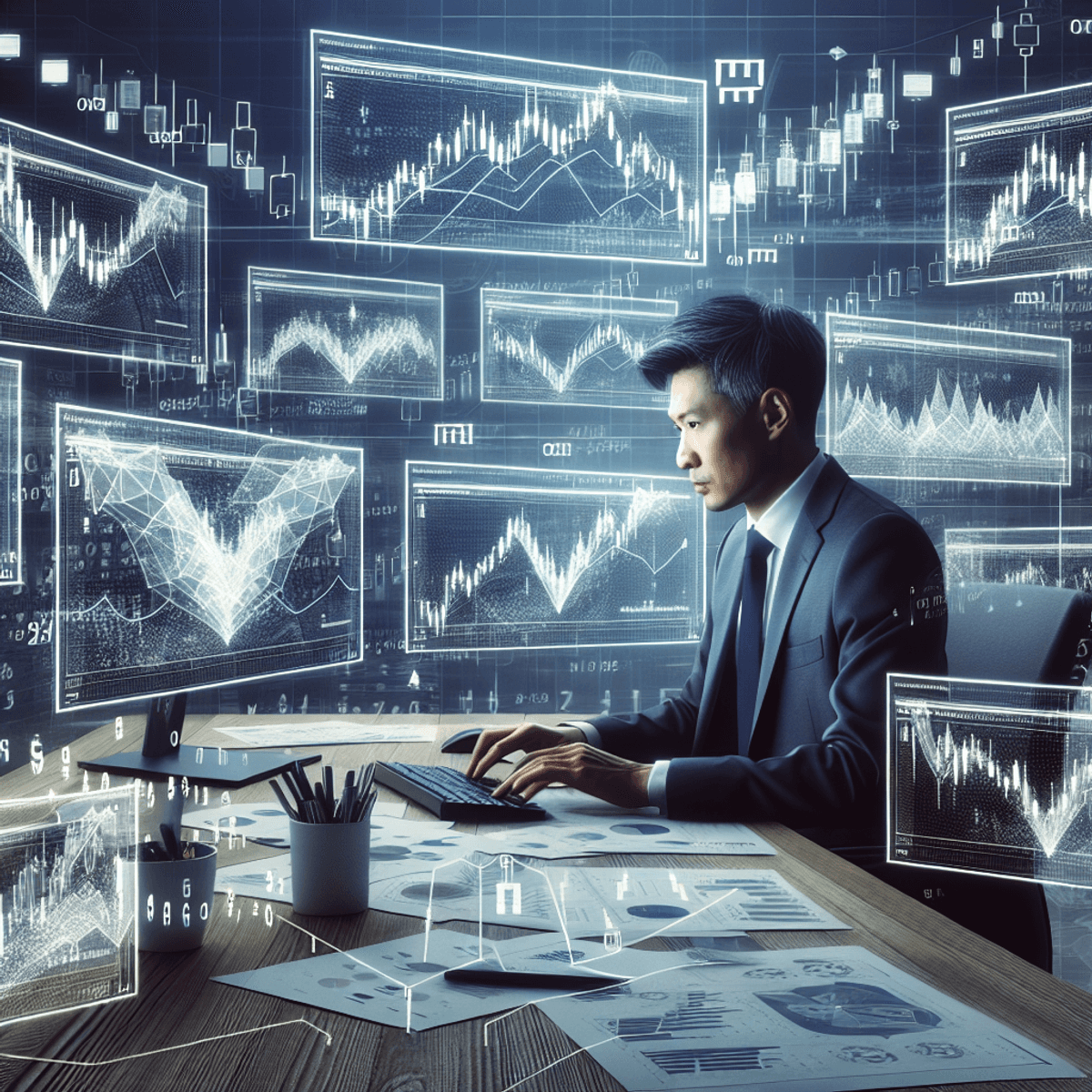 A focused trader intensely analyzes stock charts on multiple screens in a modern trading office, surrounded by abstract symbols representing financial graphs and options trading, conveying a sense of success and strategic insight.