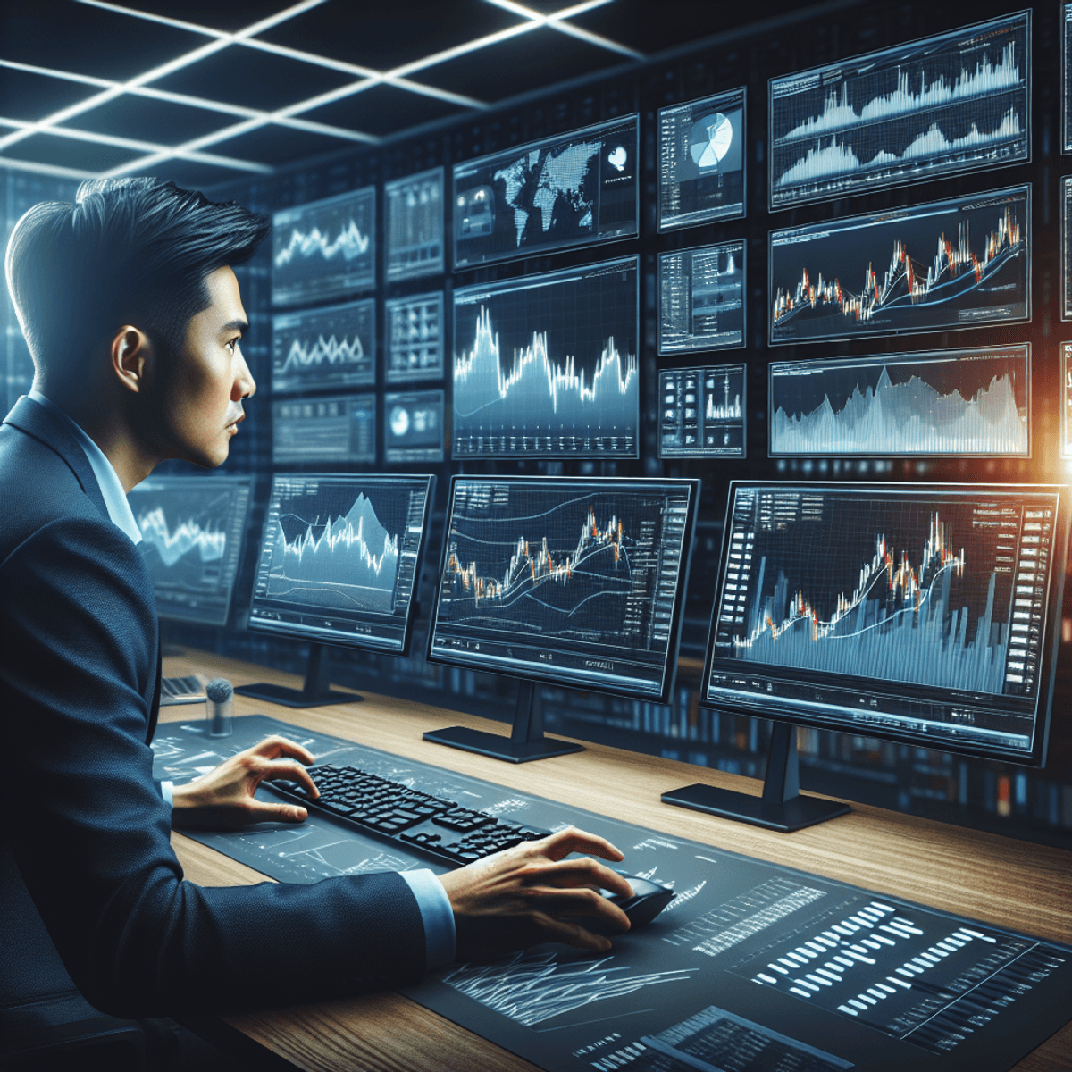 A focused trader intently analyzes financial charts on multiple glowing screens in a sleek, modern trading room, surrounded by complex line diagrams, bar charts, and pie graphs that symbolize market volatility and options trading. His posture reflects strategy and precision, embodying the high-stakes atmosphere of financial trading.