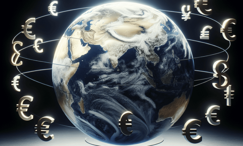 A globe surrounded by revolving currency symbols.