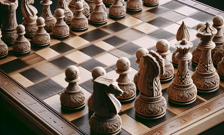 A high-stakes game of chess with intricately carved pieces on a realistic chessboard.