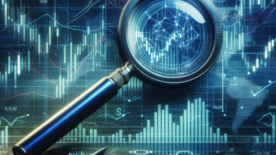 A magnifying glass hovering over a detailed stock chart with fluctuating bar graphs and lines representing changes in stock prices over time.