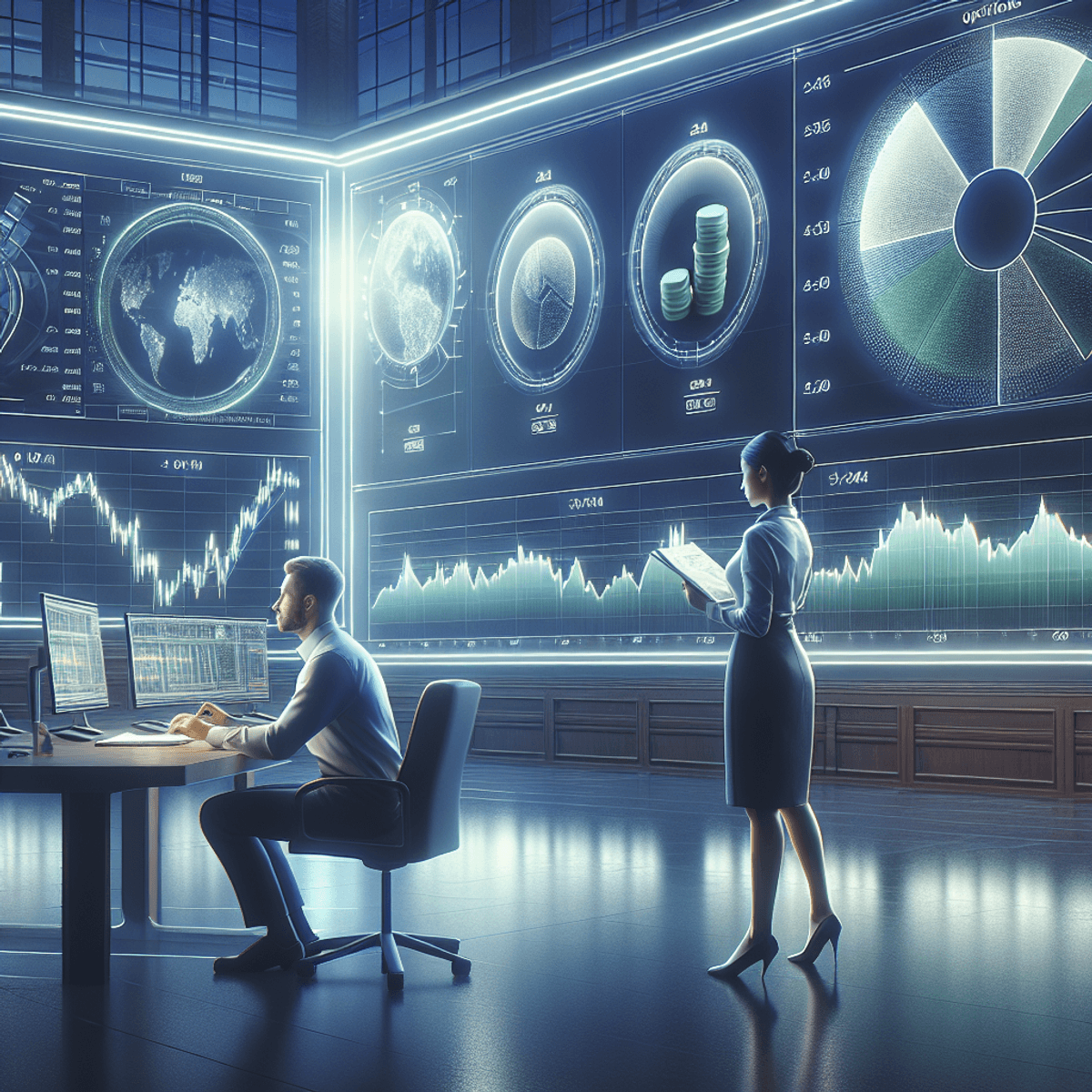 A realistic illustration of a serene stock market scene featuring an options trader analyzing data on a large screen and a  female trader reviewing financial documents, surrounded by screens displaying pie charts and linear graphs, conveying a calm atmosphere despite the complexity of their work.