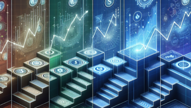 A staircase with five levels, each representing an increasing tier of options trading strategies. The bottom step shows basic trading elements like co