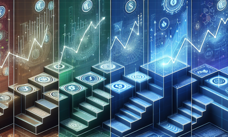 A staircase with five levels, each representing an increasing tier of options trading strategies. The bottom step shows basic trading elements like co