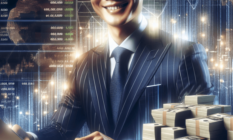 A successful Asian trader in a polished suit, surrounded by stacks of money and computer screens showing economic charts and graphs.