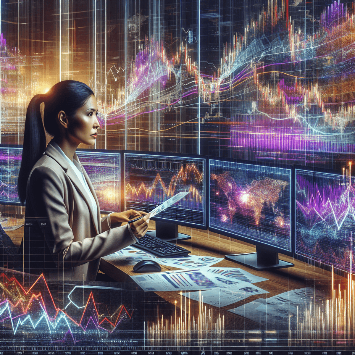 A trader, deeply focused, sits at a desk surrounded by multiple computer monitors displaying vibrant and dynamic financial charts and graphs. The screens are filled with fluctuating lines in various colors, indicating high market volatility. Papers representing options contracts are scattered around her workspace. Her body language conveys intensity and concentration, with her brow furrowed and hands poised over the keyboard. The lighting in the room is bright yet dramatic, enhancing the energetic atmosphere of a fast-paced trading environment.