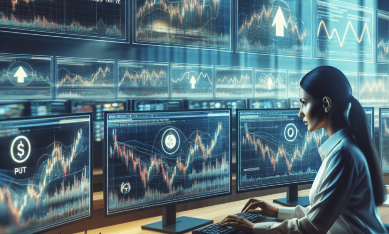 A trader intently analyzes multiple screens in a bustling stock market room, surrounded by vibrant charts and diagrams. The screens display upward and