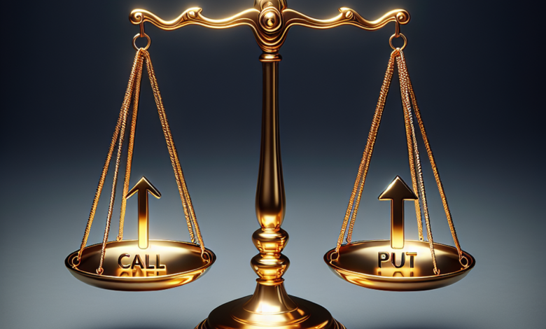 Golden balance scale with call and put options in perfect balance.