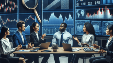 Three professionals discussing investment strategies with a laptop, calculator, and stock charts on the table, surrounded by stock market screens.