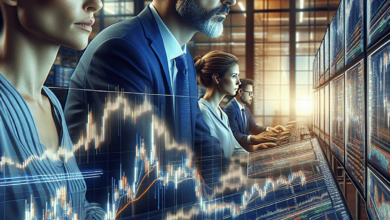 Two experienced traders analyze market trends in a modern trading room filled with multiple screens displaying vibrant graphs and charts. The atmosphe