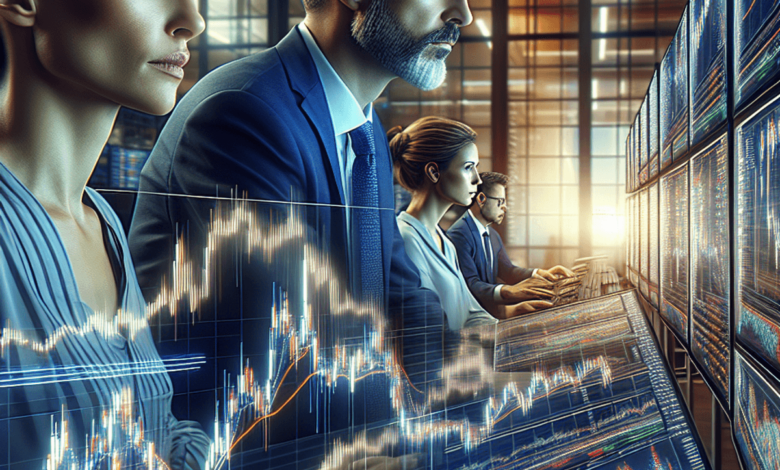 Two experienced traders analyze market trends in a modern trading room filled with multiple screens displaying vibrant graphs and charts. The atmosphe