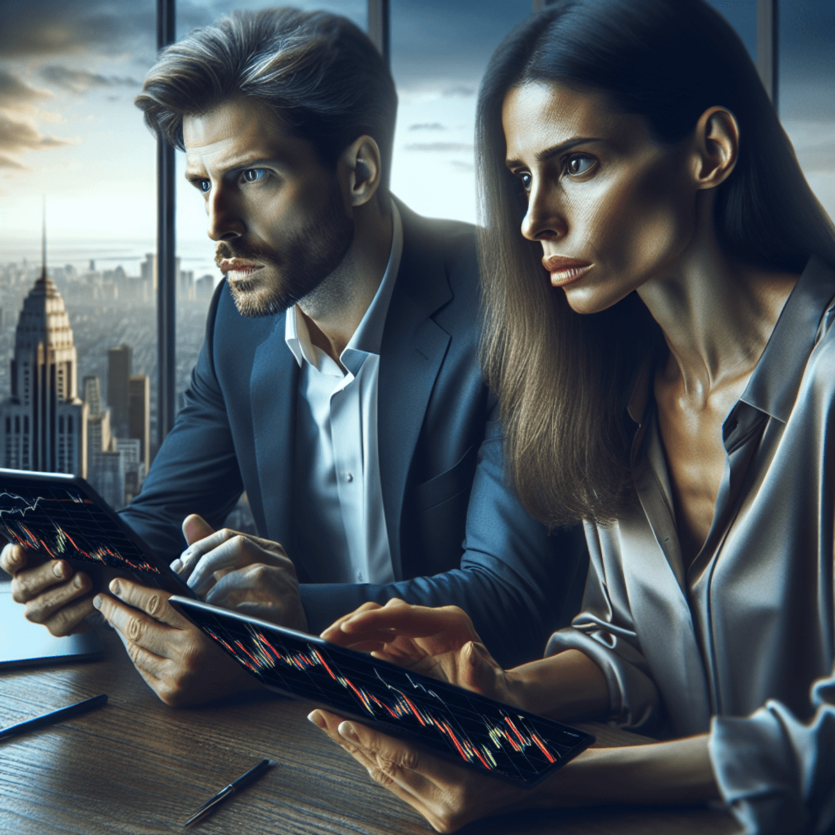 A Caucasian man and a Hispanic woman, both with serious expressions, are closely analyzing stock market charts on their laptops in a modern office. The cityscape outside their window is eerily empty, emphasizing the gravity of the moment. They are shocked after a major market event.