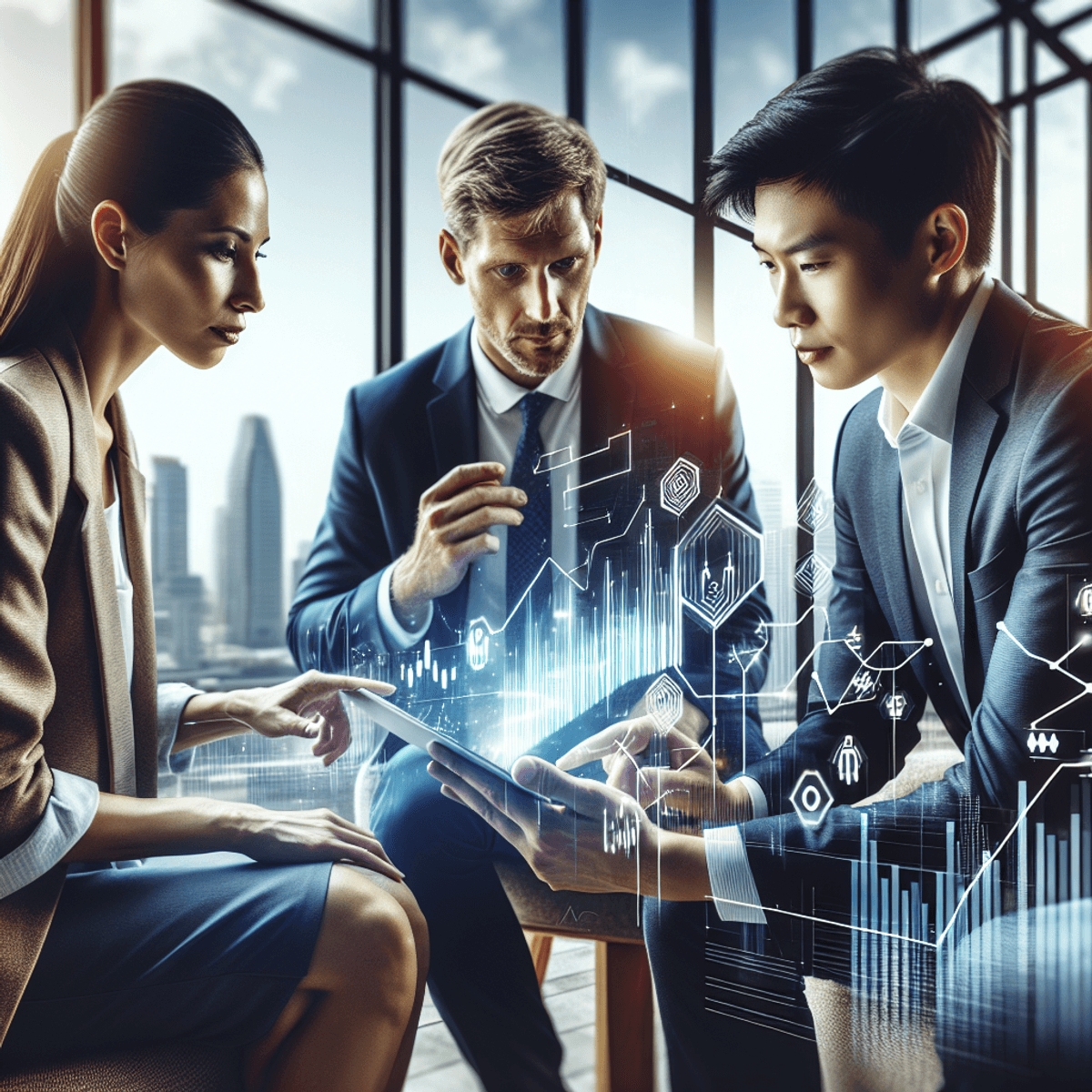 A Caucasian woman and an Asian man, both dressed in professional attire, are engaged in a focused discussion around a digital tablet displaying abstract market trend symbols and graphs. They are situated in a modern office with large glass windows offering a view of a city skyline, highlighting their adaptability and strategic foresight in financial analysis.