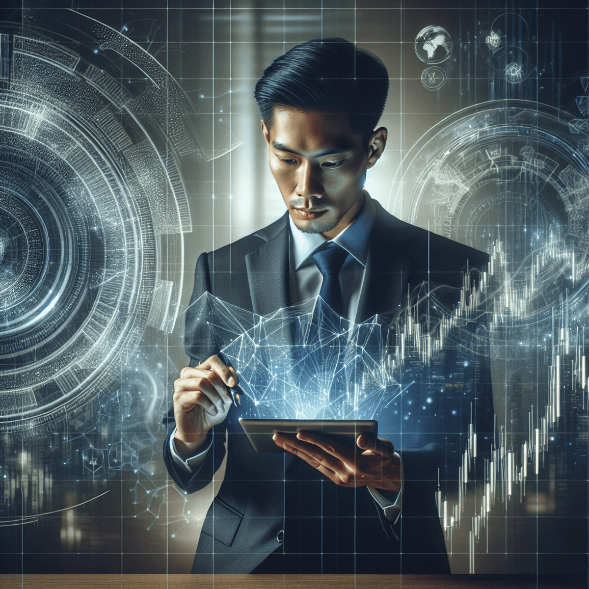 A confident businessman intently examines a tablet displaying intricate digital data related to the stock market. Surrounding him are abstract holographic projections of charts and graphs, symbolizing the financial world with swirling designs that convey strategic decision-making and investment success. The setting exudes sophistication and focus, emphasizing the theme of financial analysis and calculating net credit positions without any legible text.