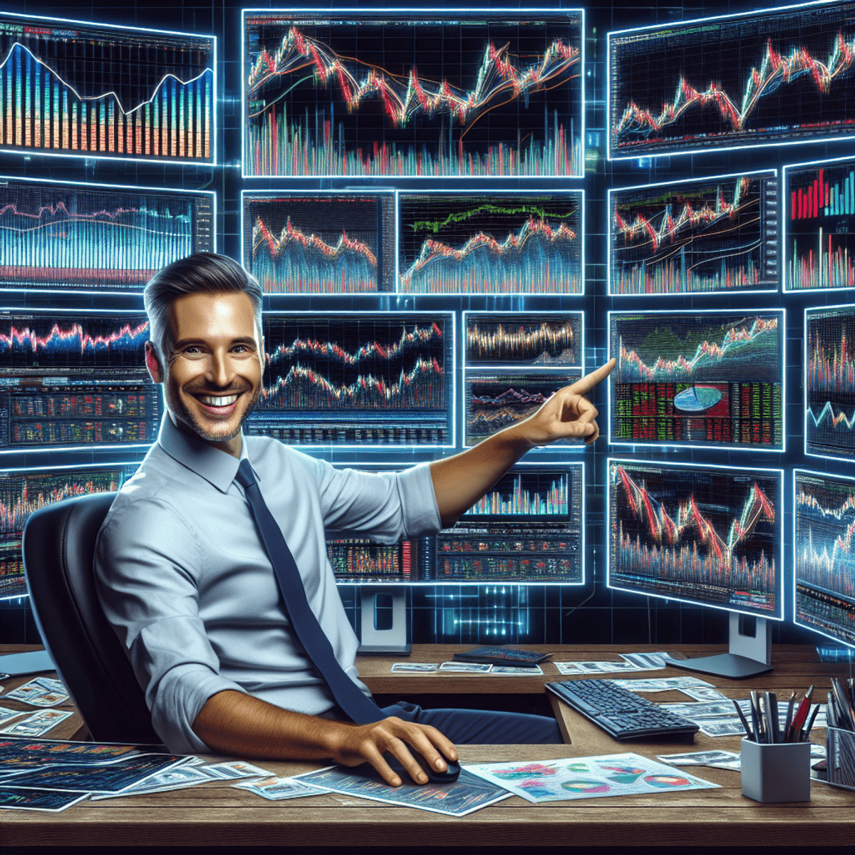 A confident trader seated at a cluttered workstation with multiple computer monitors. Each screen displays colorful stock market visuals, including bar and line graphs, pie charts, and abstract data patterns. The trader has a beaming smile and is pointing jubilantly at one monitor showing a sharply rising upward trend graph, reflecting his strong confidence in his trading strategies.