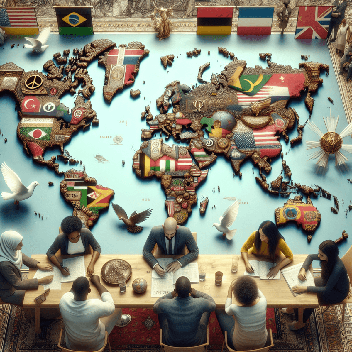 A detailed world map is displayed prominently, decorated with various iconic geopolitical symbols like flags, peace doves, and famous historical landmarks. In the foreground, a Middle-Eastern man, a Caucasian woman, a Black woman, and a South Asian man are engaged in collaborative discussions around the map. Their expressions reflect mutual respect and engagement as they share ideas and reflections on history, emphasizing diversity and cooperation.