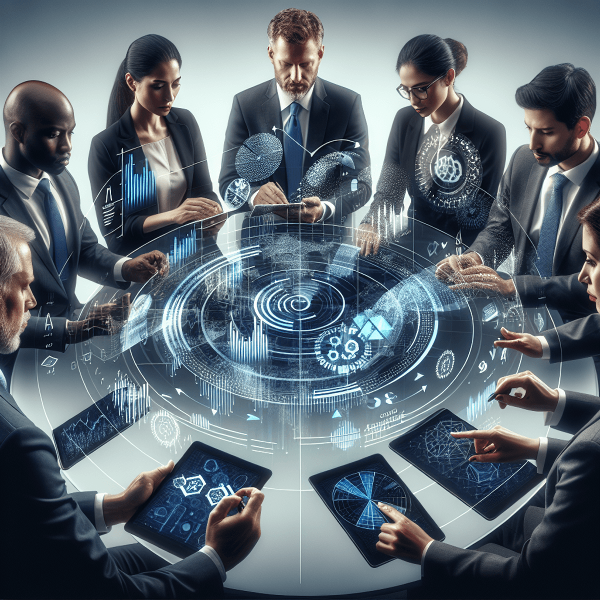 A diverse group of business professionals engaged in a meeting. They are balanced in gender and focused intently on a digital tablet displaying abstract symbols and shapes that represent economic data. Their expressions convey concentration and collaboration as they strategize on sector rotation and economic cycles.