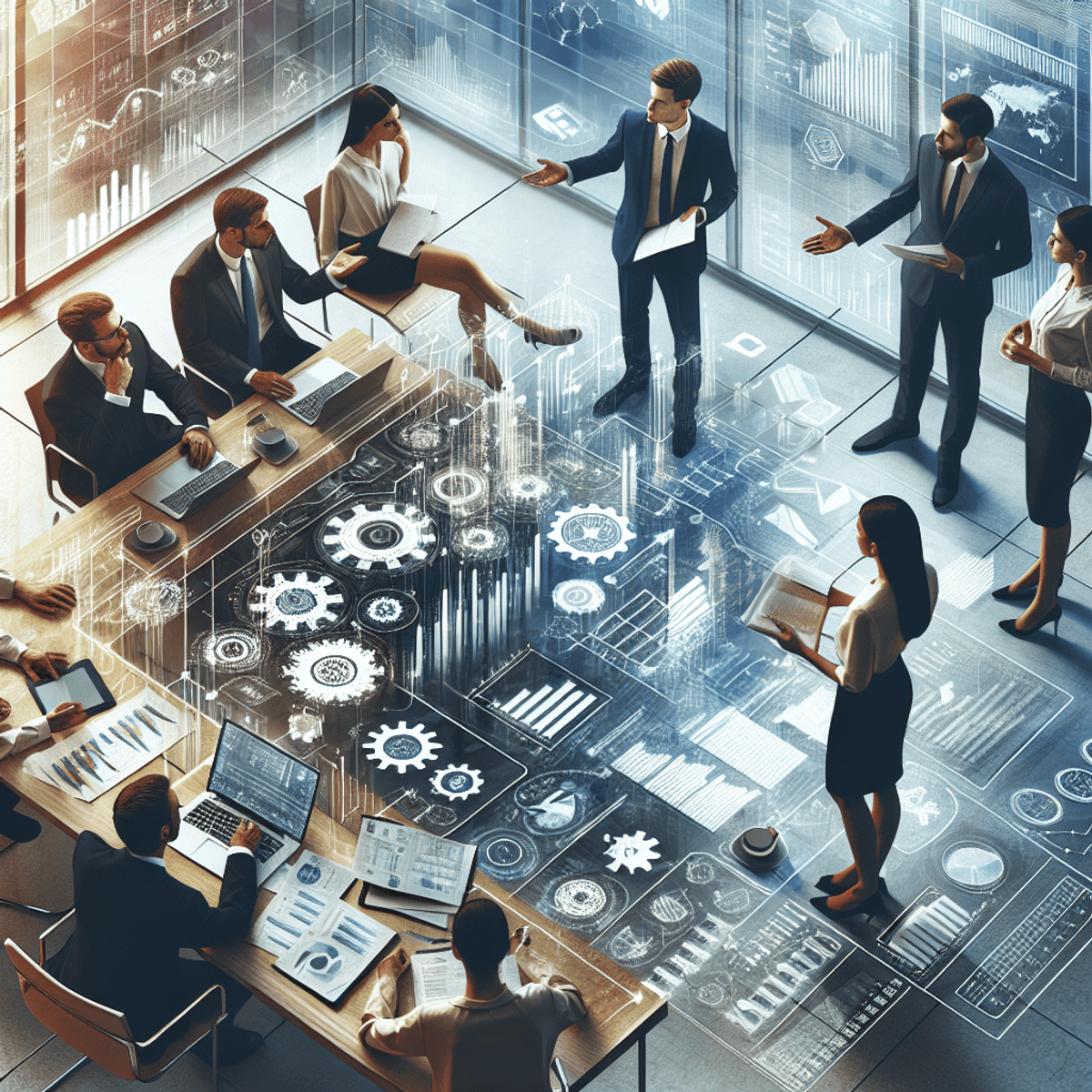 A diverse group of business professionals, engaged in a lively discussion over financial diagrams and charts on a modern office conference table. Laptops and notepads are scattered around, emphasizing the collaborative atmosphere. The individuals are animatedly pointing at the charts, showcasing teamwork and strategic planning in a professional setting. The office is well-lit with contemporary decor, enhancing the focus on the collaborative effort.