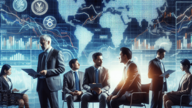 A diverse group of finance traders, engaged in a lively discussion beside a large digital trading display that shows fluctuating stock market indices