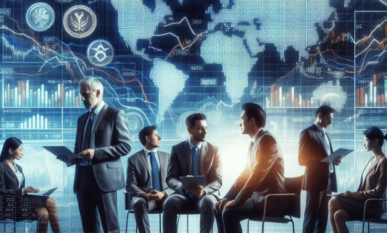 A diverse group of finance traders, engaged in a lively discussion beside a large digital trading display that shows fluctuating stock market indices