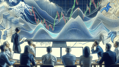 A diverse group of focused traders, huddles around a computer screen filled with intricate stock market graphs and wave patterns, showcasing Elliott W