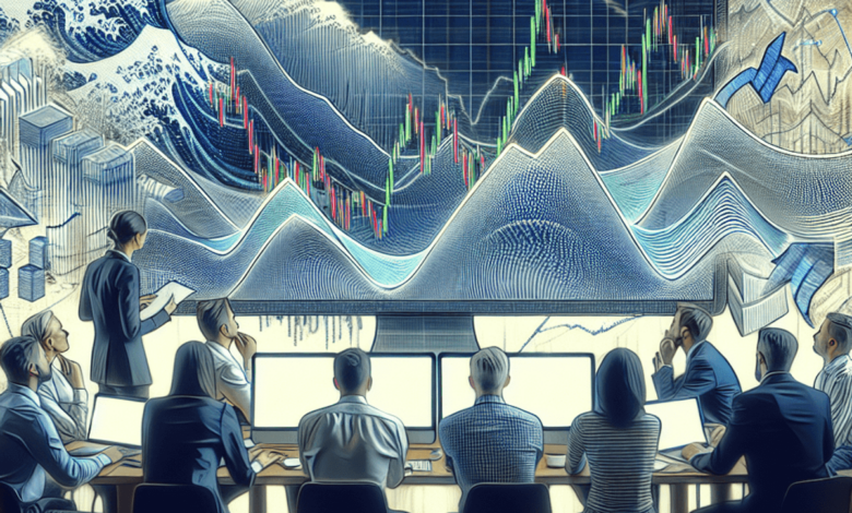 A diverse group of focused traders, huddles around a computer screen filled with intricate stock market graphs and wave patterns, showcasing Elliott W