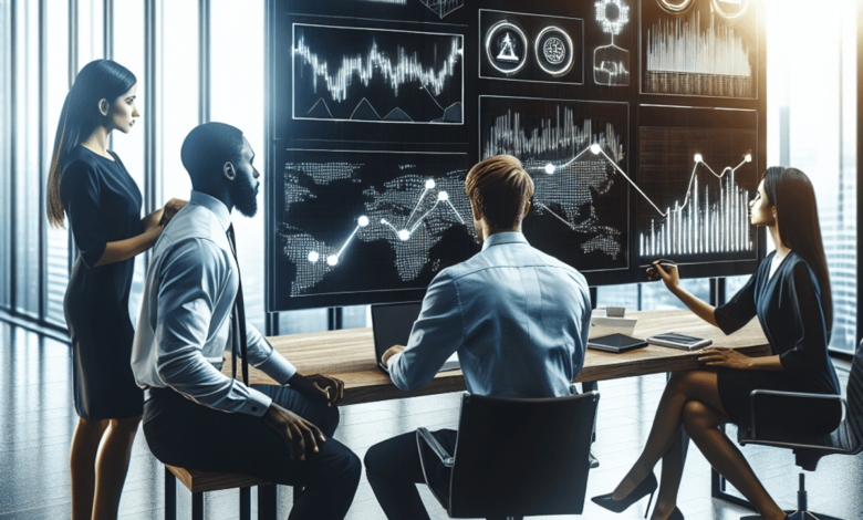 A diverse group of four business professionals stands together in a modern office environment, analyzing commodity market data on a large digital scre