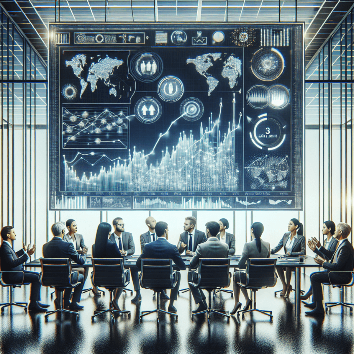 A diverse group of institutional investors and professionals, are engaged in an animated discussion around a large digital screen displaying clear symbols, detailed graphs, and dynamic fluctuating charts. The investors are dressed in professional attire, with suits and smart accessories, showcasing a mix of styles. The modern office setting is sleek and sophisticated, featuring upscale technological gadgets like laptops and tablets on the table. The atmosphere radiates efficiency as the team collaborates on financial strategies such as delta-gamma hedging.