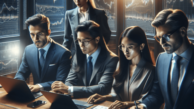 A diverse group of investors, gathered around a wooden table. They are focused on their laptops, analyzing market charts and engaging in discussions.