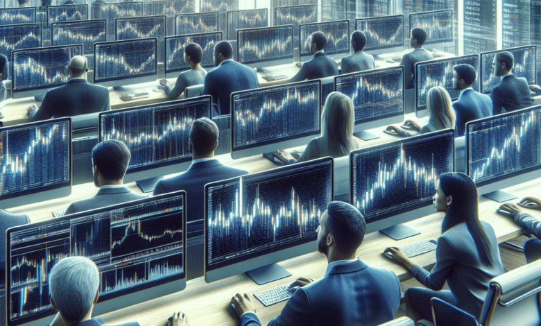 A diverse group of men and women intensely engaged in options trading, surrounded by multiple computers displaying abstract financial charts and graph