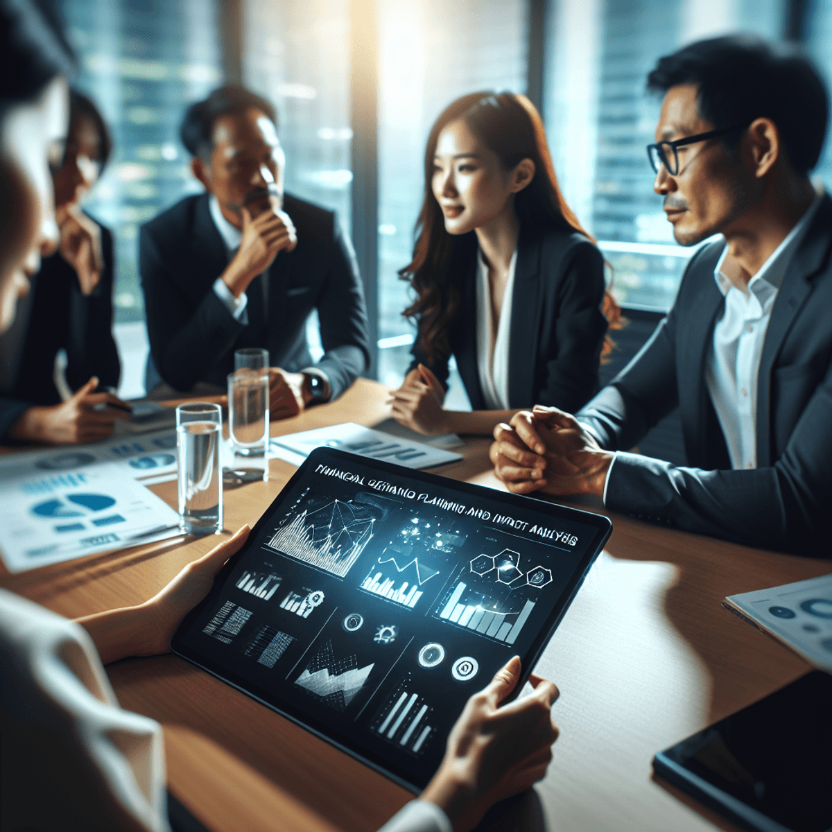 A diverse group of professionals, engaged in a focused discussion around a sleek digital tablet displaying abstract charts and graphs. The setting conveys a professional and collaborative atmosphere, with expressions of concentration and teamwork among the participants.