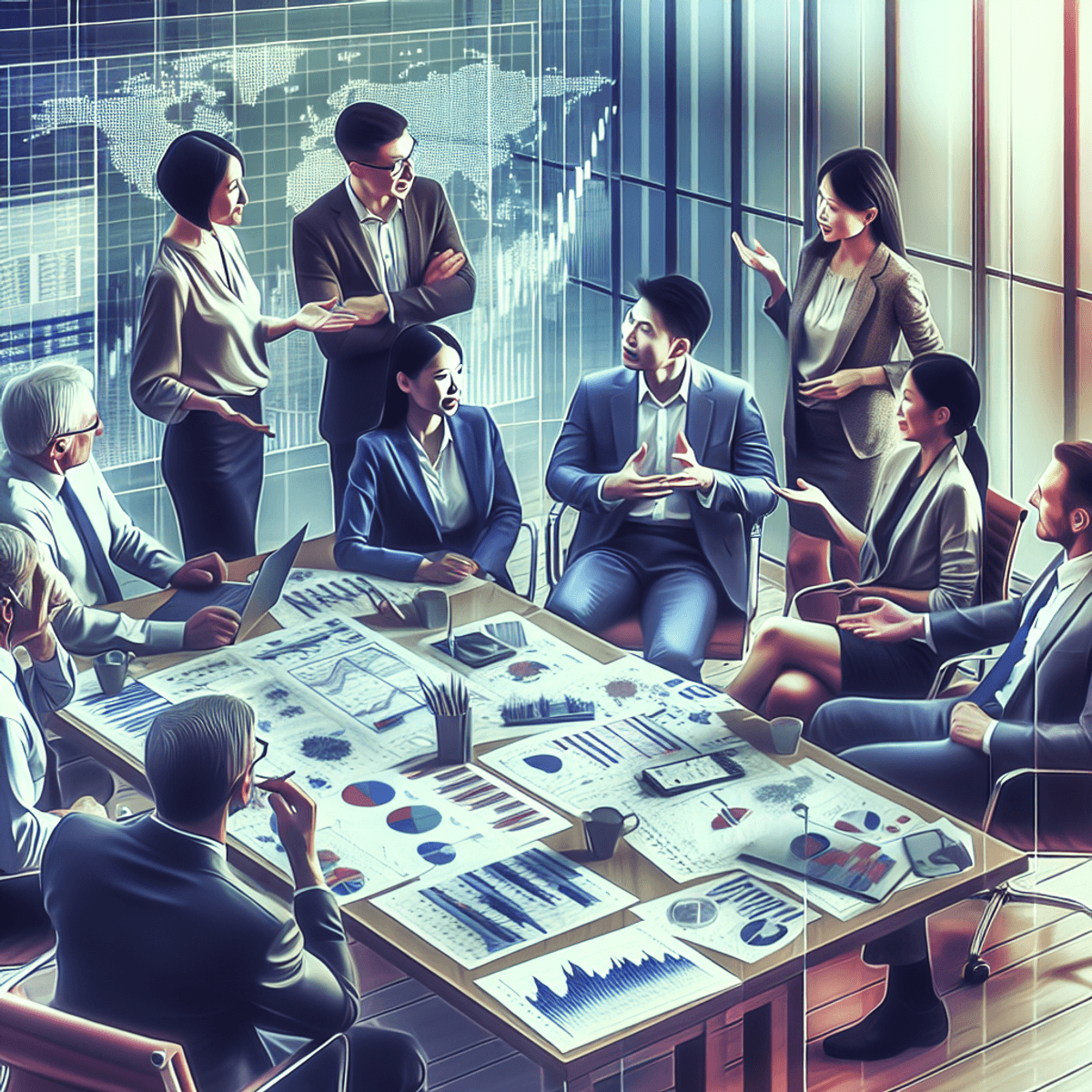 A diverse group of professionals engaged in an animated discussion around a conference table filled with financial charts and graphs. The modern office setting reflects teamwork and collaboration, with a focus on strategy development for risk management with dispersion strategies in trading. The scene is depicted in a realistic artistic style, highlighting the individuals and relevant objects without any legible text.