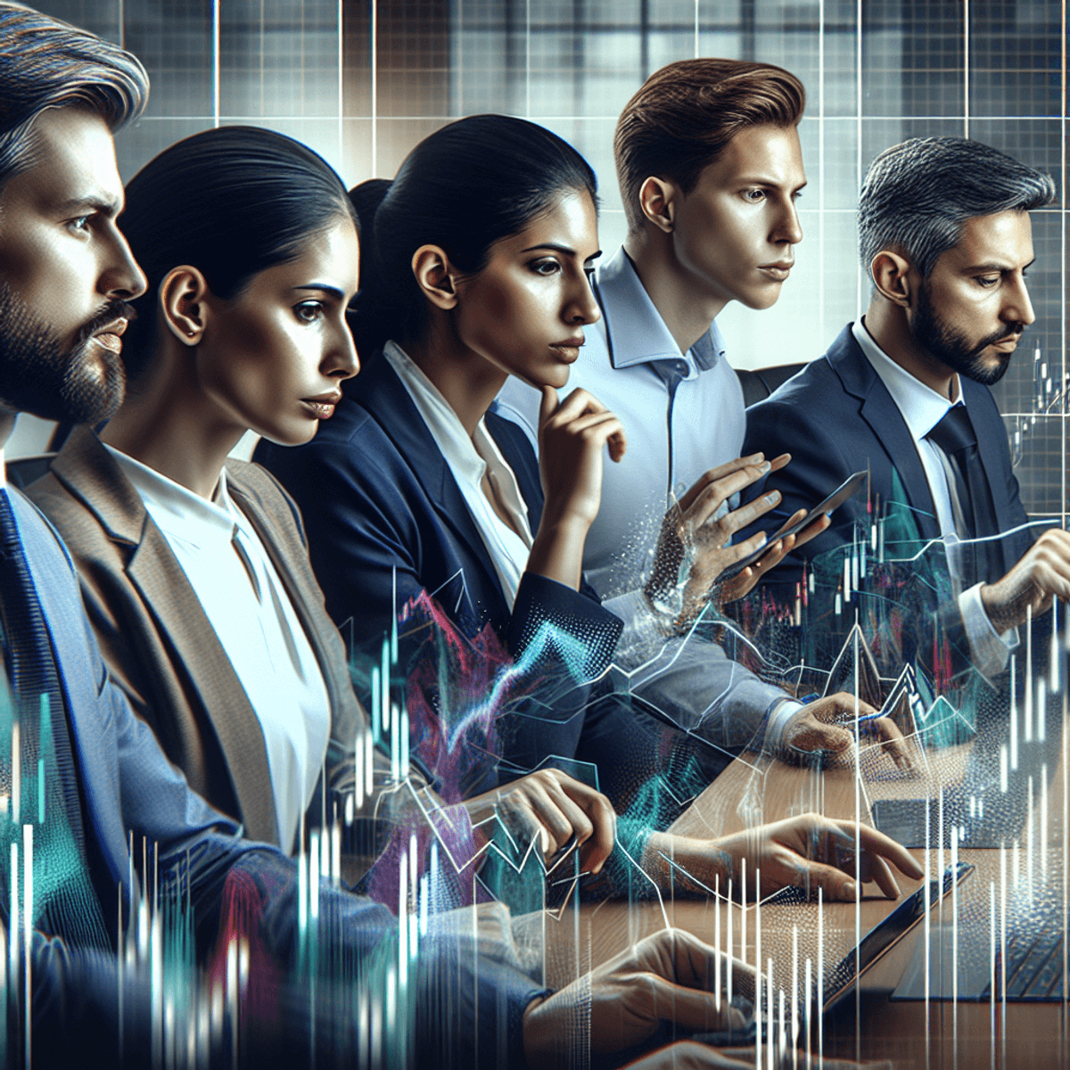 A diverse group of professionals, gathered around digital screens in a modern office. They are intensely focused on abstract graphical elements displaying vibrant colors that represent volatility and stock market trends. The atmosphere reflects teamwork and strategic decision-making in the context of financial analysis.