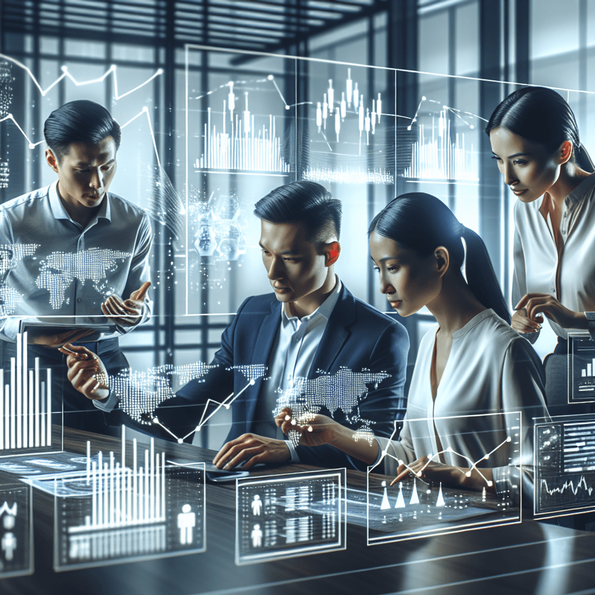 A diverse group of professionals, gathered around a sleek conference table in a modern office. They are intently discussing economic data displayed on multiple digital screens behind them, which showcase colorful charts and graphs representing market trends and macroeconomic shifts. The atmosphere conveys teamwork and collaboration, with the individuals actively pointing at the screens and taking notes. Their expressions reflect focus and determination, embodying themes of risk management and diversification strategy in their professional environment.